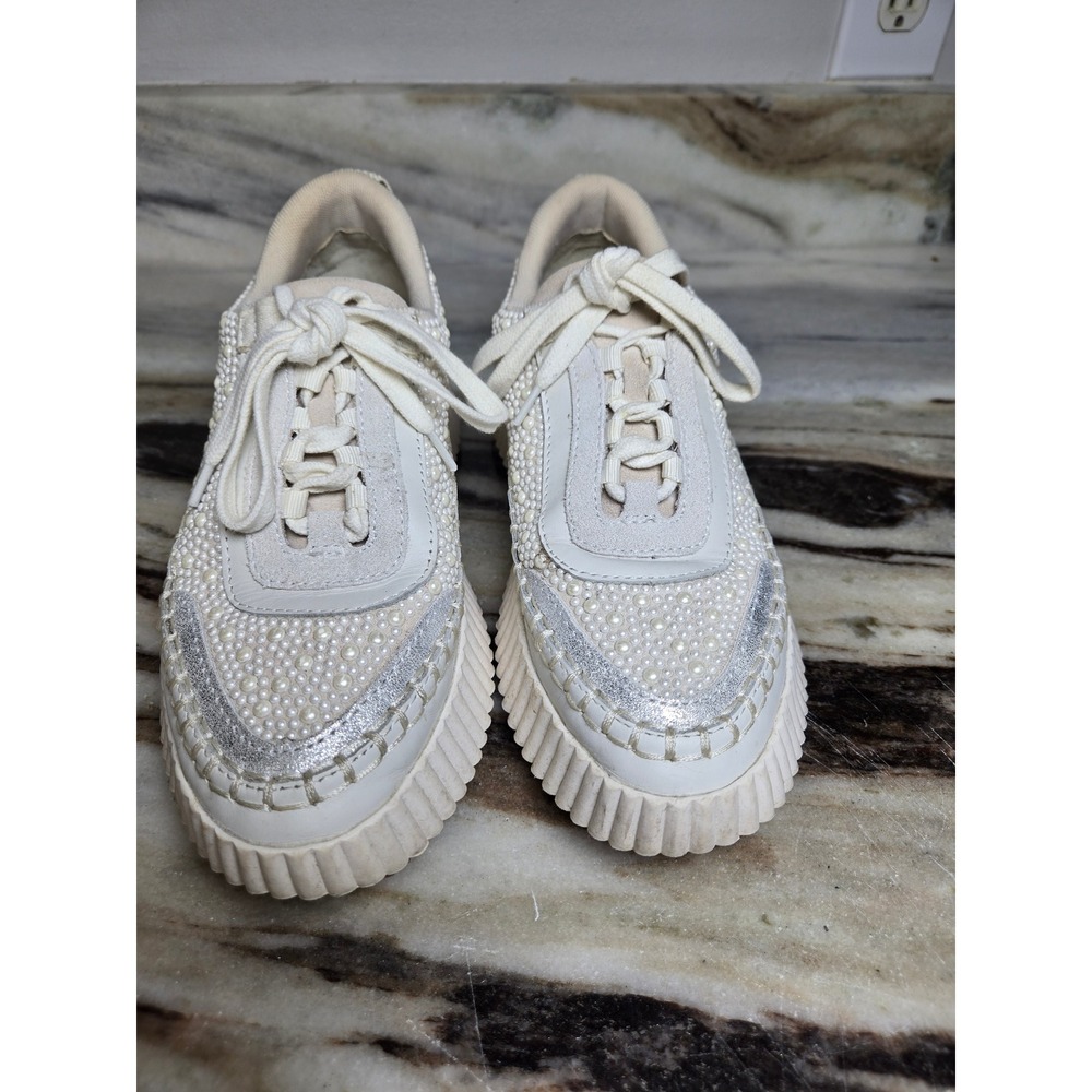 Dolce Vita Dolen Pearl Embellished Platform Sneakers Cream Silver Womens Shoes - Picture 2 of 10